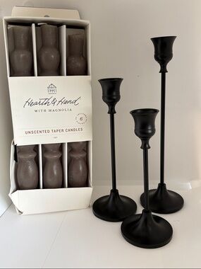 Hearth & Hand black metal tiered candle sticks set & 10” 6ct Gray spindle Taper